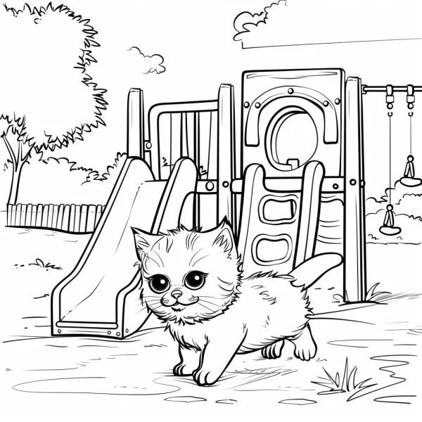 Cute kitten in playground, cartoon style — free printable children's life coloring book page