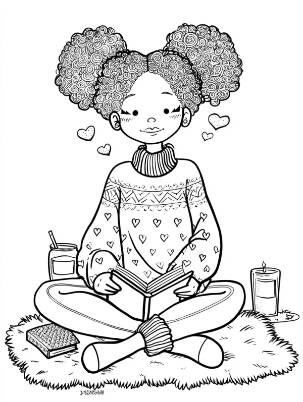 Cute curly-haired girl reading a book, cartoon style — free printable daily leisure coloring book page