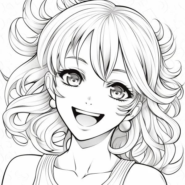 Anime curly-haired girl, anime style — free printable anime characters coloring book page