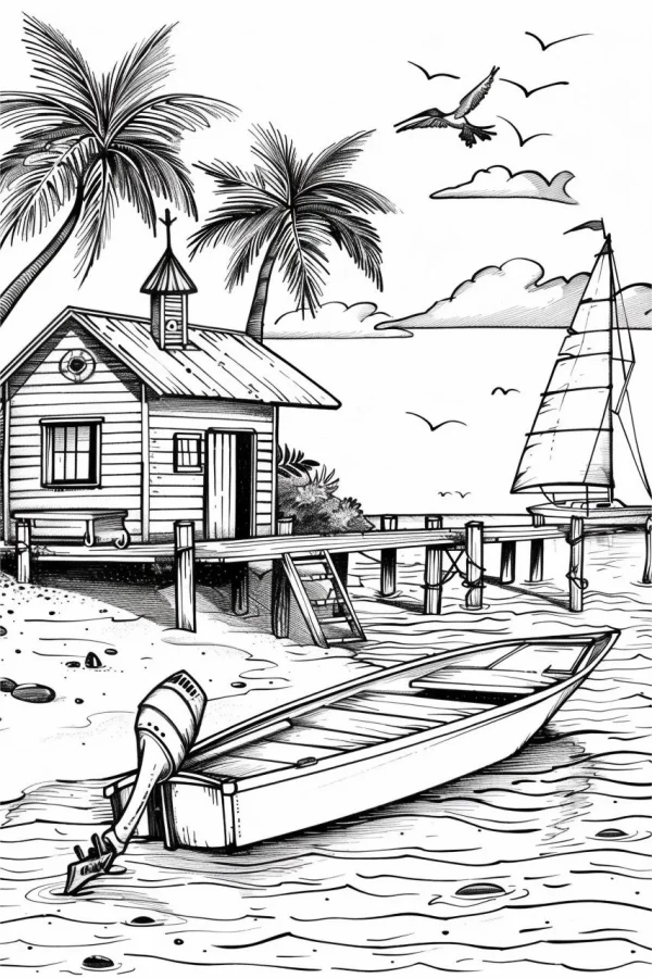 Coastal wooden house and beached rowboat, realistic line art style — free printable vacation coloring book page