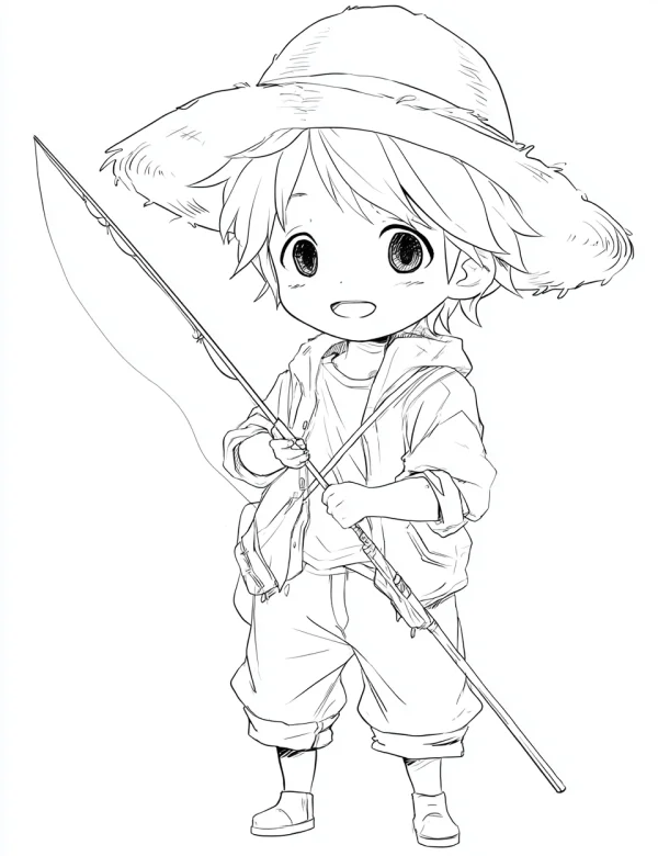 Cute little boy wearing straw hat holding fishing rod, cartoon style — free printable fishing coloring book page