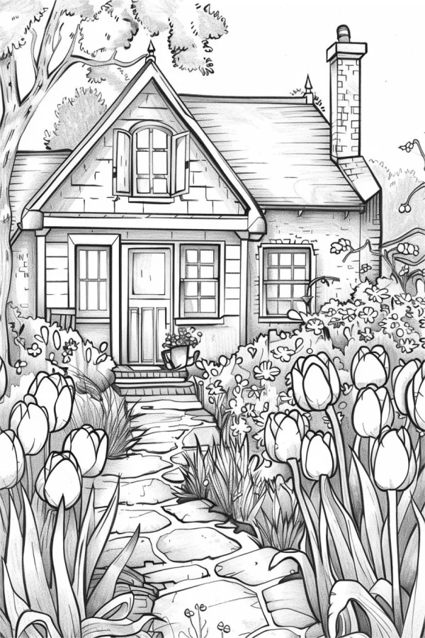 Cozy countryside cottage, realistic illustration style — free printable houses coloring book page