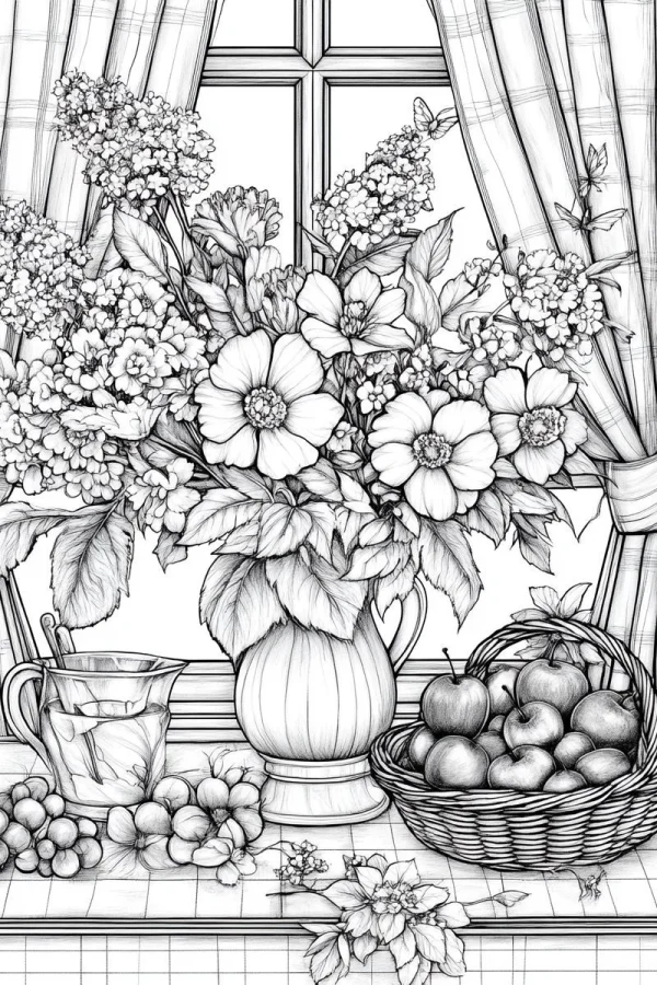 Coloring book page, detailed still life of flowers in a ceramic vase — free printable still life coloring book page