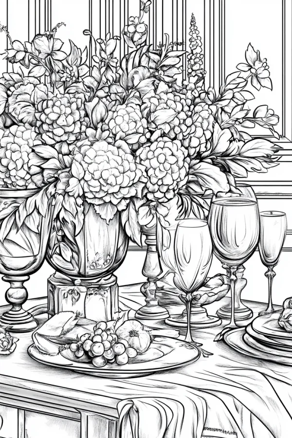Table still life with hydrangea bouquet and tableware, realistic illustration style — free printable still life coloring book page