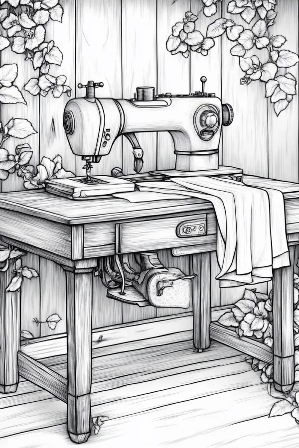 Vintage sewing machine on wooden sewing table with fabric, realistic sketch style — free printable diy coloring book page