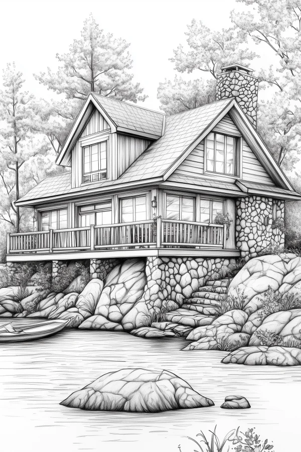 Lakeside country cottage, realistic line art style — free printable vacation coloring book page