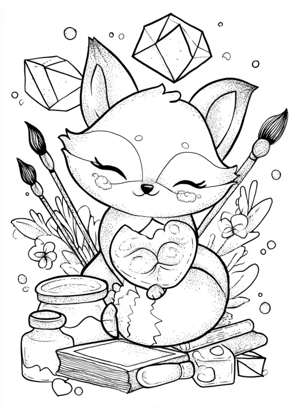 Cute cartoon fox holding a palette, cartoon style — free printable handmade diy coloring book page
