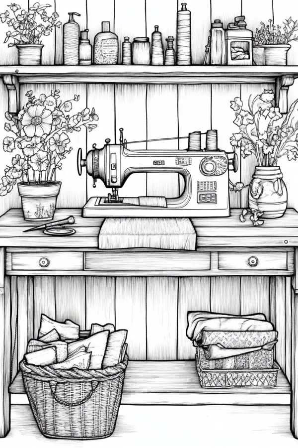 Vintage sewing machine workbench, sketch style — free printable diy coloring book page