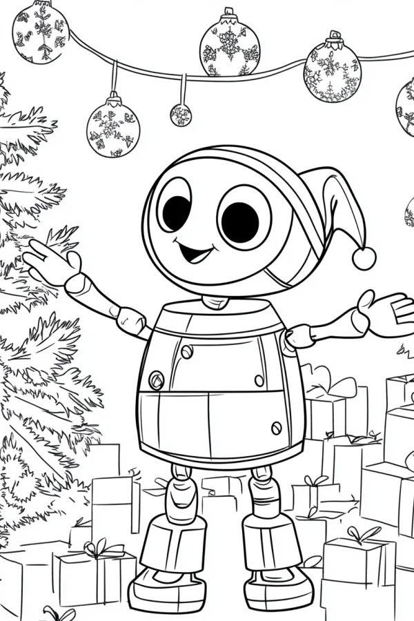 Cute cartoon robot wearing christmas hat, christmas theme — free printable childlike coloring book page