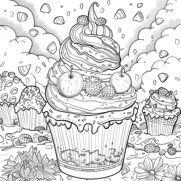 Giant decorated cupcake with cream frosting, apples and raspberries — free printable desserts coloring book page