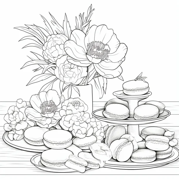 Peony flowers with macarons dessert arrangement, realistic line art style — free printable afternoon tea coloring book page