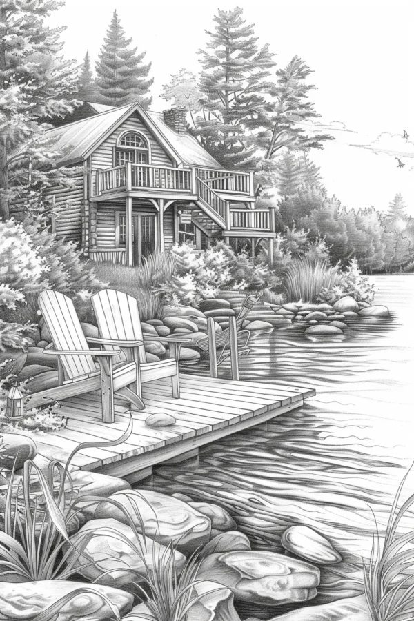 Lakeside log cabin with wooden dock and adirondack chairs, realistic sketch style — free printable vacation coloring book page