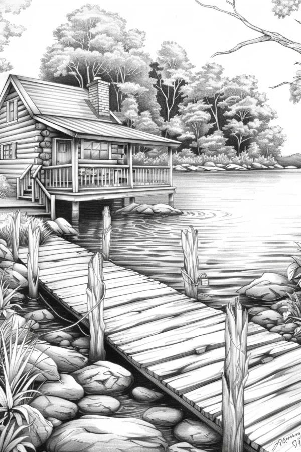 Lakeside log cabin with wooden dock, realistic sketch style — free printable rural leisure coloring book page