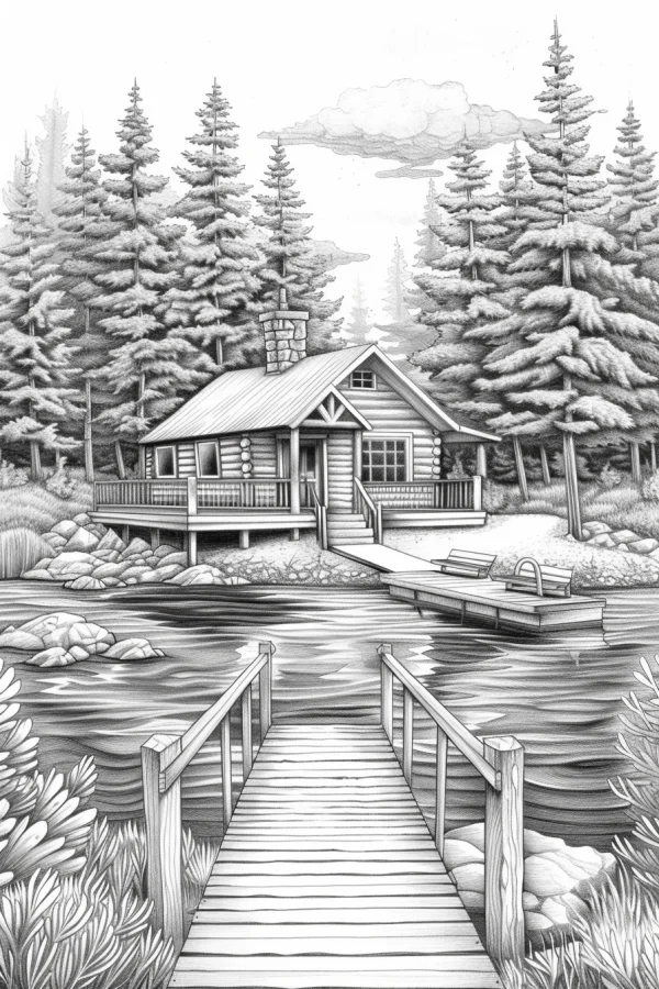 Lakeside forest log cabin, realistic sketch style — free printable outdoor camping coloring book page