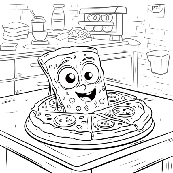 Anthropomorphic pizza slice with big eyes and smiling face, cartoon style — free printable kitchen coloring book page