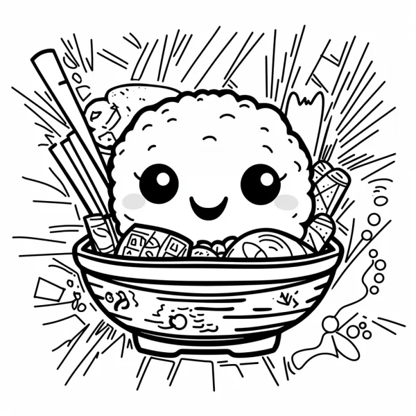 Cute anthropomorphic rice in a ceramic bowl, cartoon style — free printable cute style coloring book page