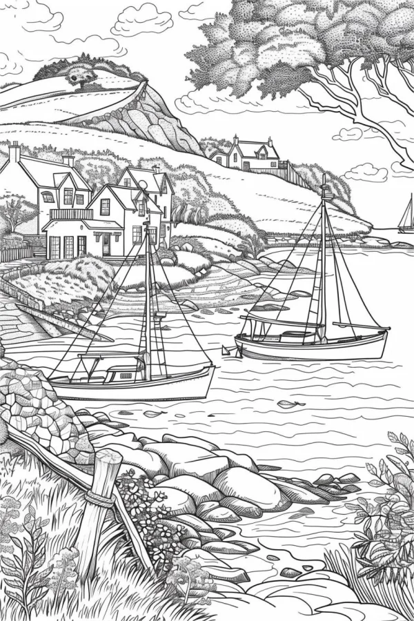 Coastal town with sailboats, realistic line art style — free printable beach town coloring book page