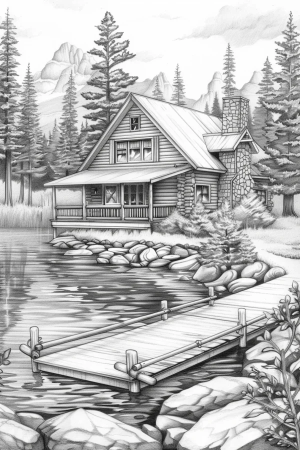 Lakeside forest wooden cabin, realistic sketch style — free printable vacation coloring book page
