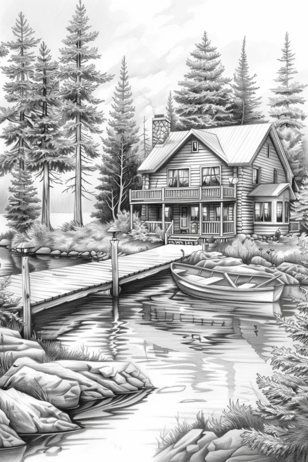 Lakeside wooden cabin in pine forest, realistic sketch style — free printable vacation coloring book page