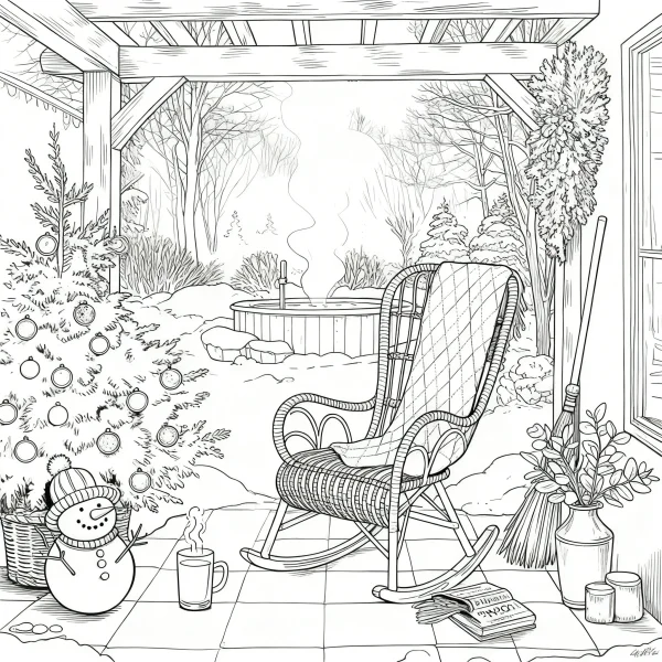 Winter outdoor patio with rocking chair and snowman, cozy peaceful scene featuring hot tub — free printable outdoor scene coloring book page