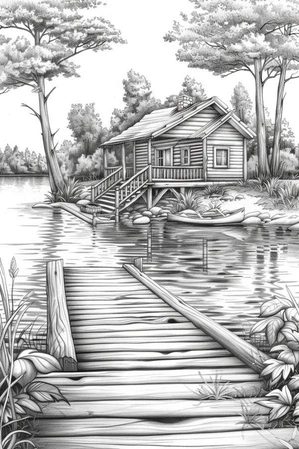Lakeside wooden cabin with wooden dock, realistic sketch style — free printable leisure vacation coloring book page