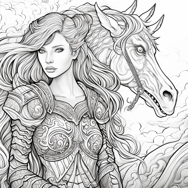 Armored female knight with fantasy horned horse, fantasy sketch style — free printable knight coloring book page
