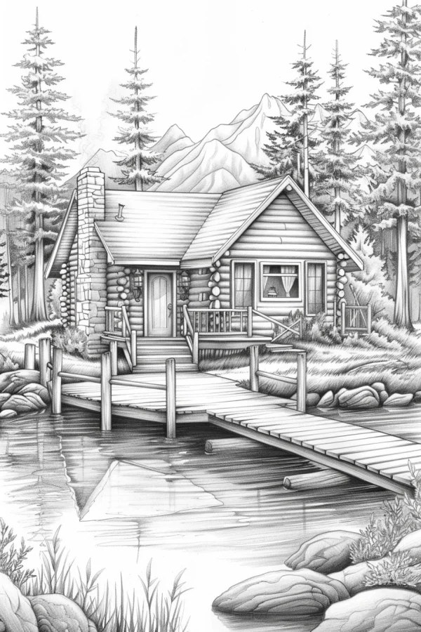 Lakeside log cabin surrounded by pine trees and mountains, realistic sketch style — free printable leisure vacation coloring book page