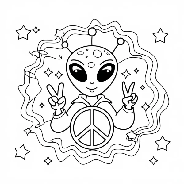 Cartoon alien making peace signs with a peace sign on chest, surrounded by stars — free printable peace coloring book page