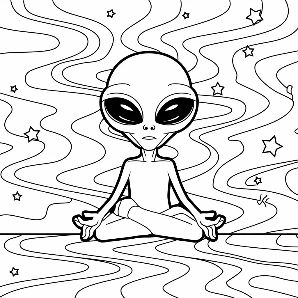 Meditating alien in lotus position, cartoon style — cartoon style — moderate detail — line art coloring page — for kids and adults of all ages