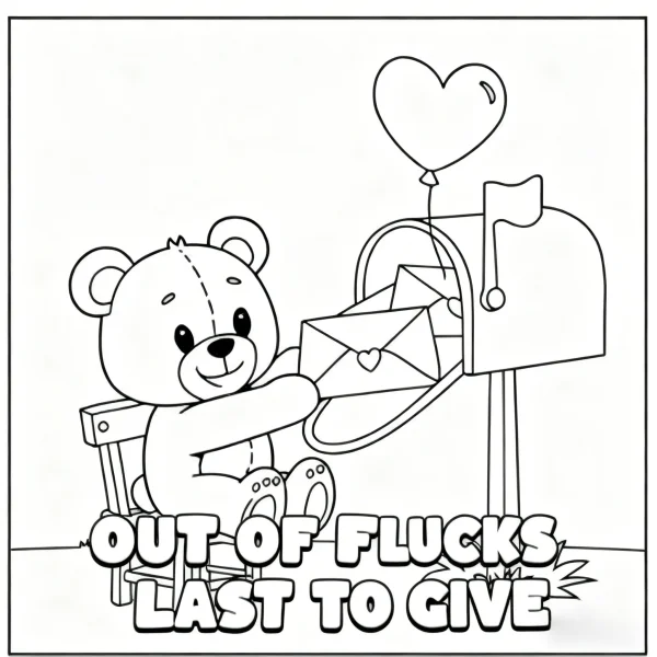 Playful teddy bear sending love letter with heart pattern, holding a heart-shaped balloon — free printable quirky coloring book page