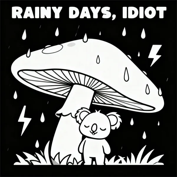 Koala hiding under a large mushroom on a rainy day, cartoon style — free printable rainy days coloring book page