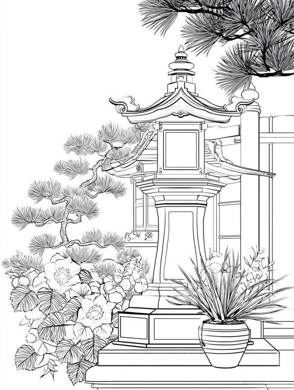 Japanese stone lantern with garden plants, japanese style — free printable gardens coloring book page