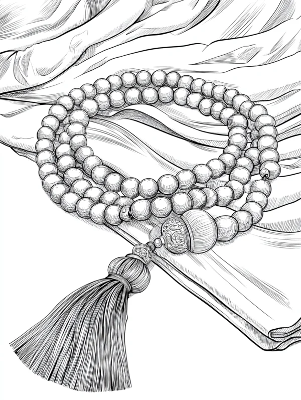 Chinese-style prayer mala beads with tassel, resting on draped fabric with folds — free printable zen coloring book page