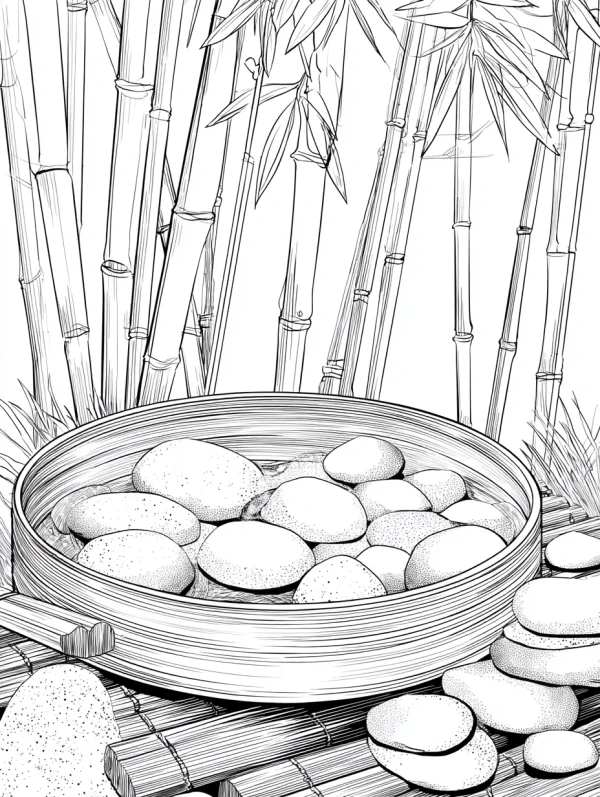 Bamboo grove with a bamboo basin filled with smooth pebbles, sketch style — free printable zen coloring book page