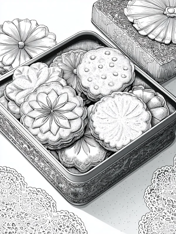 Coloring book page, mooncakes in a decorative tin box — free printable mid-autumn festival coloring book page
