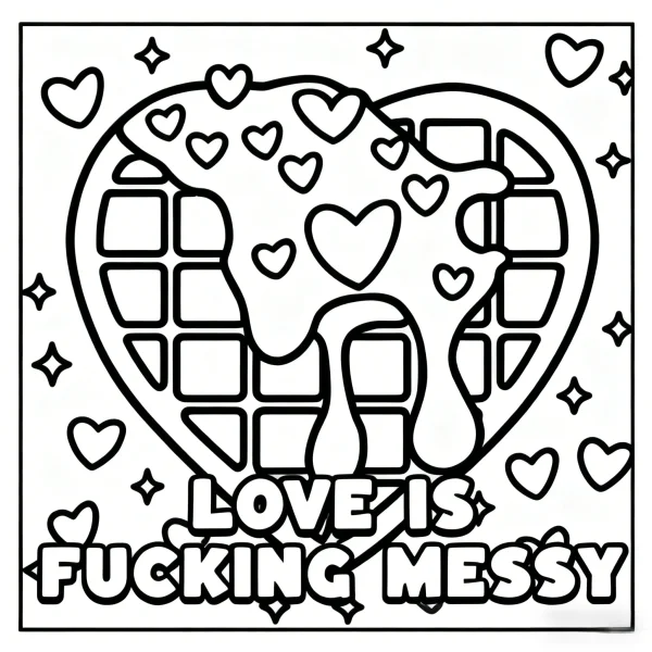 Heart-shaped waffle with dripping sauce, cartoon style — free printable quirky coloring book page
