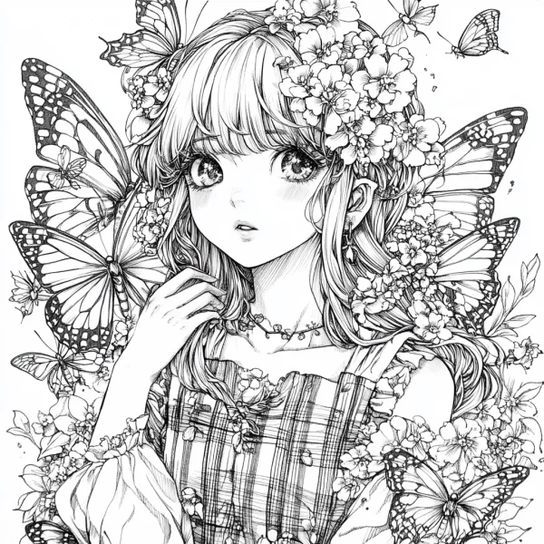 Flower-adorned girl with butterflies, cartoon illustration style — free printable butterfly coloring book page