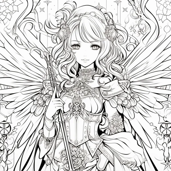 Gorgeous angel warrior with large feathered wings, anime style — free printable angel coloring book page