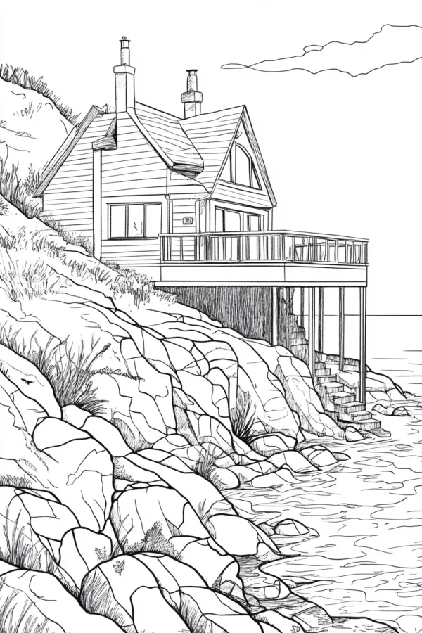Seaside cottage on rocky cliffs, realistic sketch style — free printable leisure vacation coloring book page