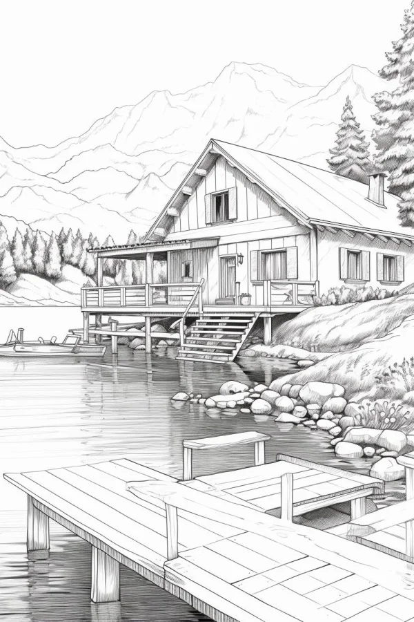 Lakeside country cabin, realistic sketch style — free printable leisure vacation coloring book page