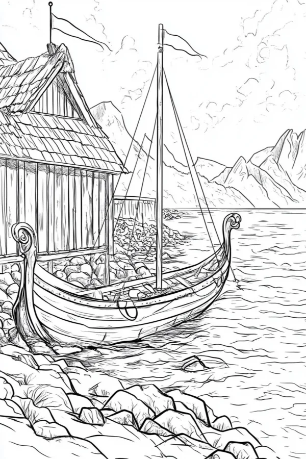 Viking boat with seaside wooden cabin, realistic line art style — free printable nordic culture coloring book page