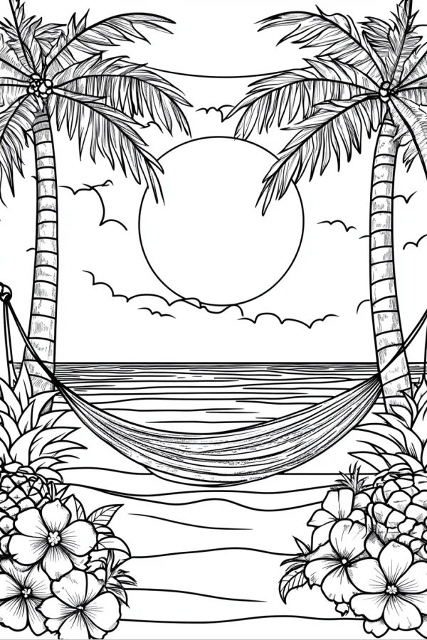 Beach hammock between coconut palms, sketch style — free printable vacation coloring book page