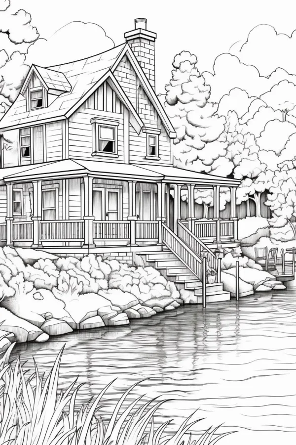 Lakeside wooden house with chimney and front porch, realistic line art style — free printable rural leisure coloring book page