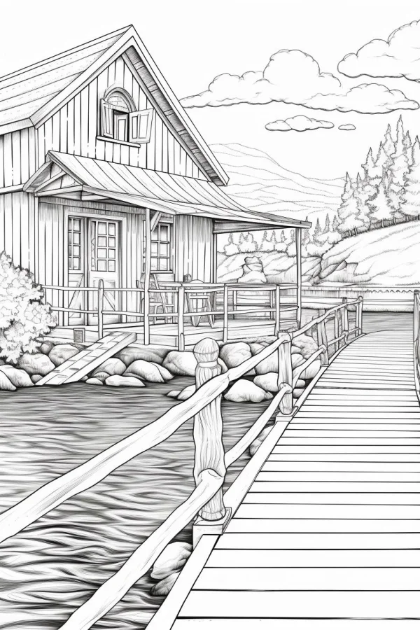 Lakeside wooden cabin with pier, realistic style — free printable rural leisure coloring book page