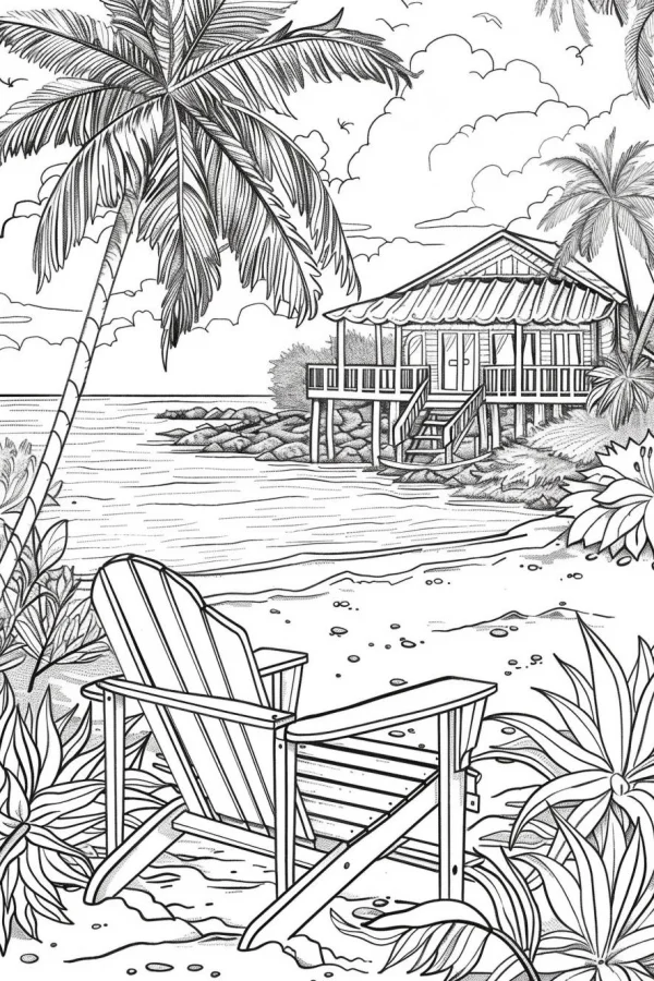 Beach vacation scene with adirondack chair, stilted beach house and palm trees — free printable leisure vacation coloring book page