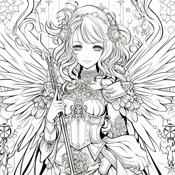 Gorgeous angel girl with large wings, japanese anime style — free printable angel coloring book page