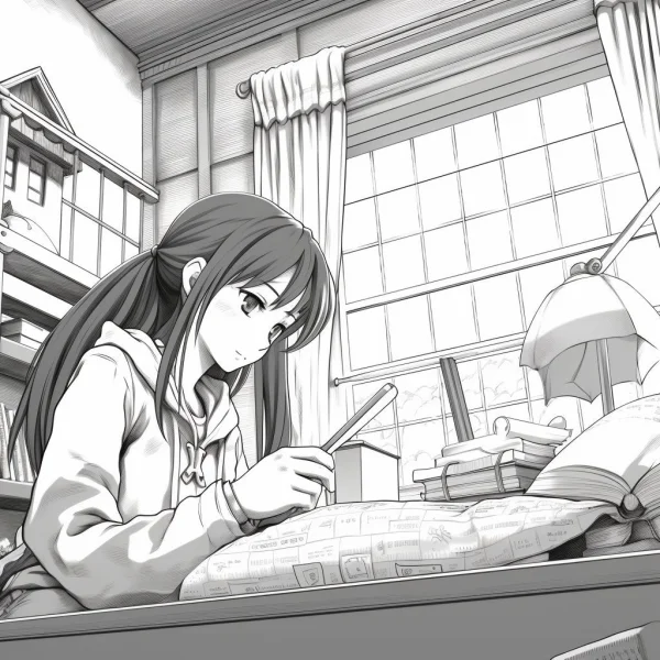 Japanese anime girl sitting at desk, holding a phone — free printable daily scene coloring book page