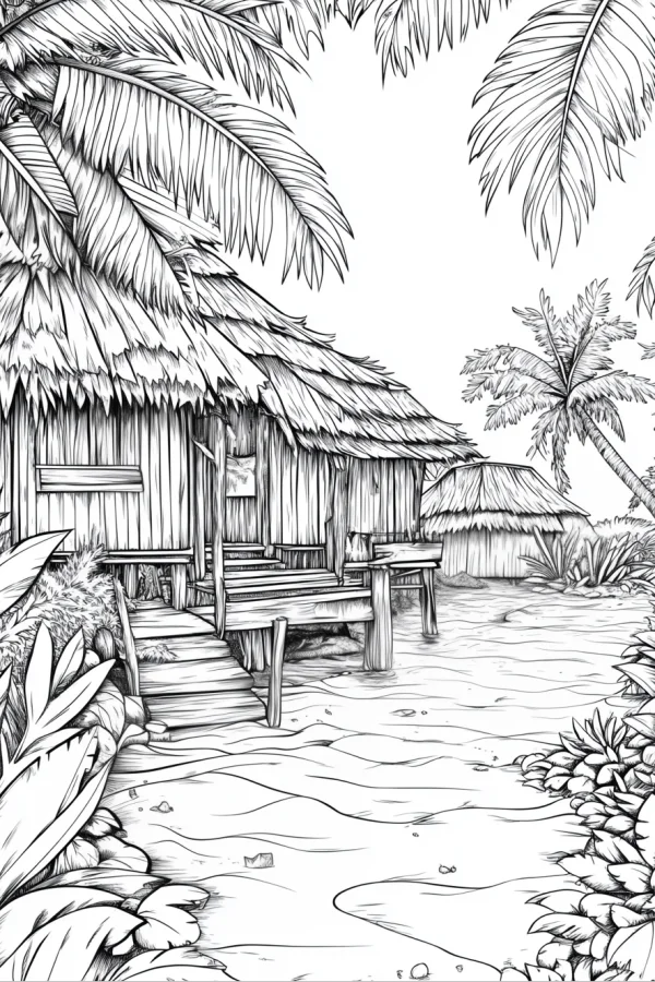 Tropical beach thatched stilt hut, realistic line art style — free printable tropical style coloring book page