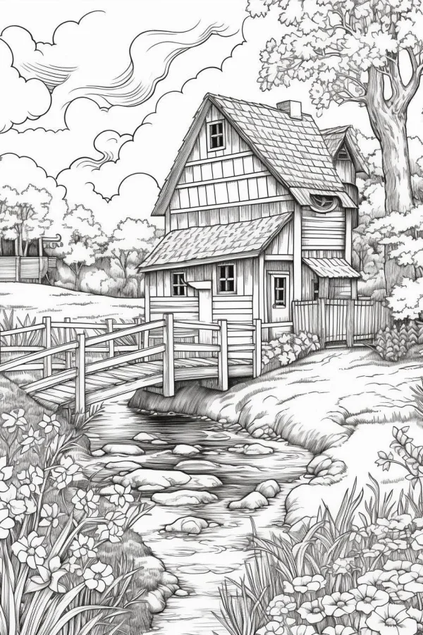 Rustic cottage by the stream with wooden bridge, peaceful pastoral scene with white flowers — free printable scenery coloring book page