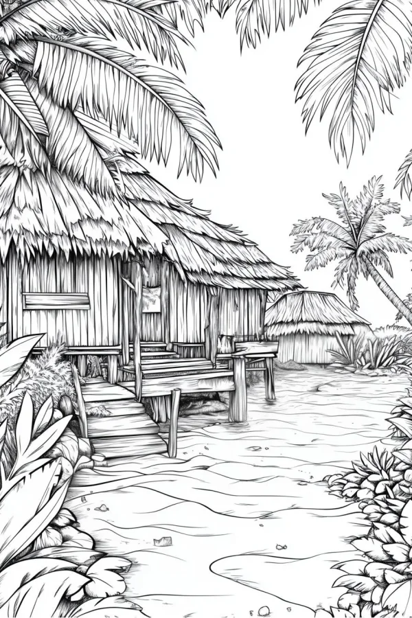 Tropical beach thatched huts, realistic line art style — free printable tropical plants coloring book page